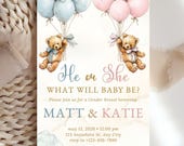 Gender Reveal Invitation Printable He or She Bear Theme Invite Edit Baby Shower Boho Teddy Blue Pink Balloon Cute Pregnancy Canva Evite PDF