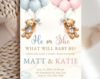 Gender Reveal Invitation Printable He or She Bear Theme Invite Edit Baby Shower Boho Teddy Blue Pink Balloon Cute Pregnancy Canva Evite PDF