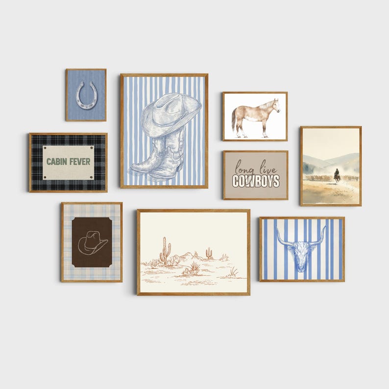 May include: A gallery wall set of nine framed prints featuring western themes including a horseshoe, cowboy boots on blue stripes, a horse, a sign reading CABIN FEVER, text reading long live COWBOYS, a desert landscape, a hat, and a bull skull.