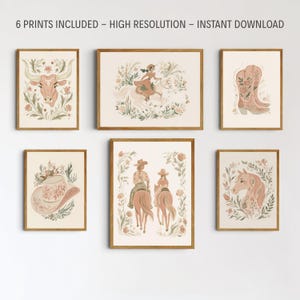 May include: A set of six wall art prints featuring illustrations of a longhorn skull, a person riding a horse, cowboy boots, a cowboy hat, two people riding horses, and a horse head, all decorated with floral motifs in muted earth tones.