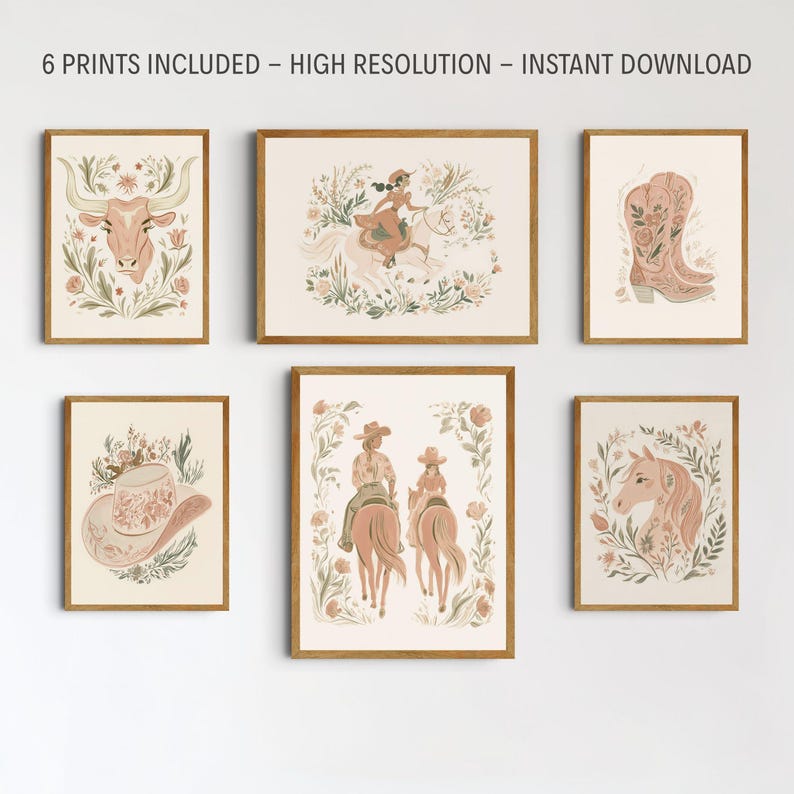 May include: A set of six wall art prints featuring illustrations of a longhorn skull, a person riding a horse, cowboy boots, a cowboy hat, two people riding horses, and a horse head, all decorated with floral motifs in muted earth tones.
