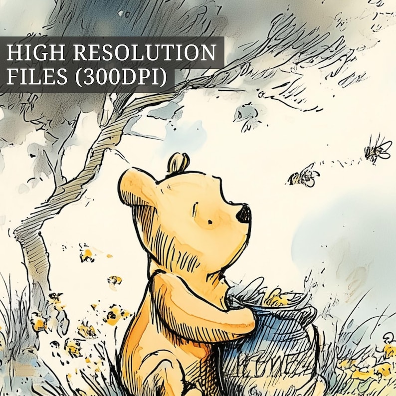 May include: A yellow bear illustration in a watercolour style holding a dark blue honey pot. The scene includes a tree, small yellow flowers, and flying bees. The text HIGH RESOLUTION FILES (300DPI) is printed in a black box in the upper left corner.
