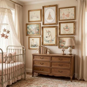 Magical unicorn print set paired with whimsical wall art collection in a pastel nursery featuring a pink fairy crown theme