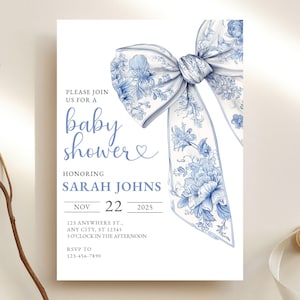Blue Bow Baby Shower Invite Downloadable Baby Boy Shower
