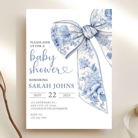 Blue Bow Baby Shower Invite Downloadable Baby Boy Shower Online Invitation Toile De Jouy Coquette Ribbon Pale Blue Baby Sprinkle E Invite