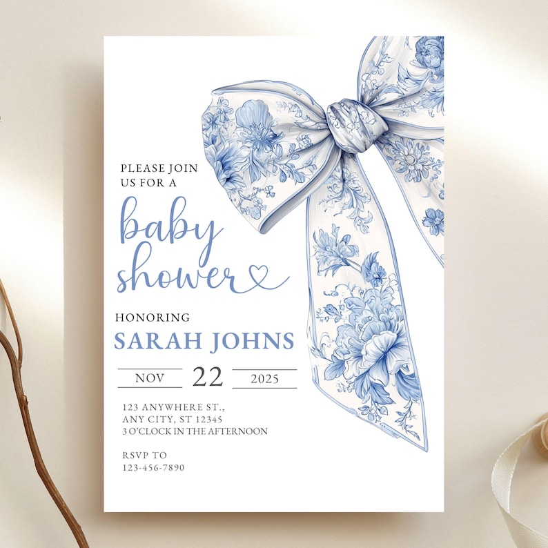Blue Bow Baby Shower Invite Downloadable Baby Boy Shower