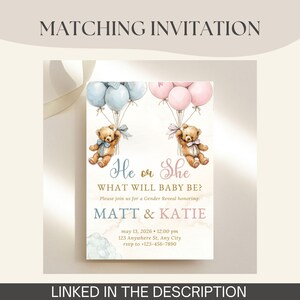 Customizable Template Gender Reveal Sign Digital Printable Baby Shower Decoration Party Display Teddy Bear Design Pink Blue Balloons Welcome Sign Pregnancy Announcement Celebration Event Parents Names Date Special Moment Expecting Parents