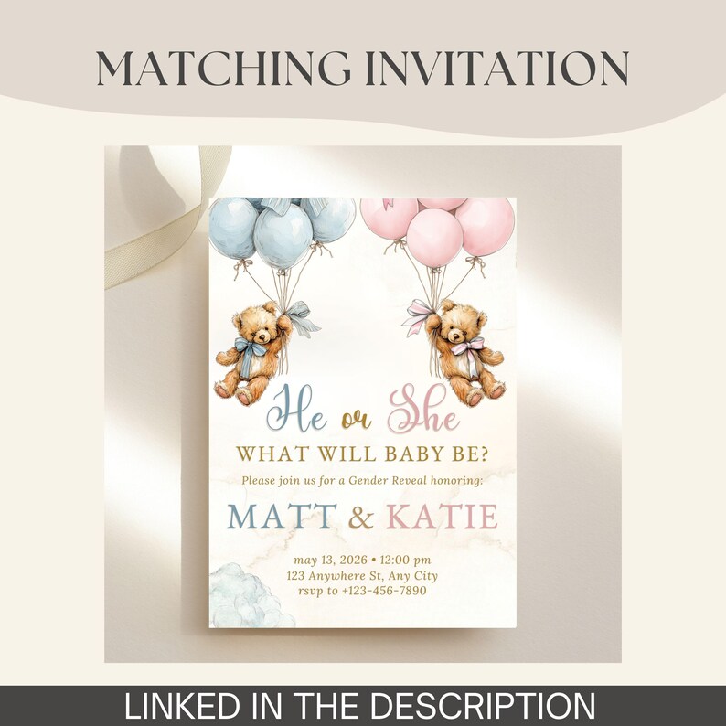 Customizable Template Gender Reveal Sign Digital Printable Baby Shower Decoration Party Display Teddy Bear Design Pink Blue Balloons Welcome Sign Pregnancy Announcement Celebration Event Parents Names Date Special Moment Expecting Parents