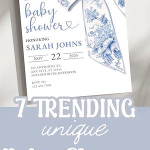 This blue bow baby shower invite is a downloadable design perfect for a baby boy shower. This online invitation features a toile de Jouy coquette ribbon in pale blue, making it an elegant baby sprinkle e-invite.