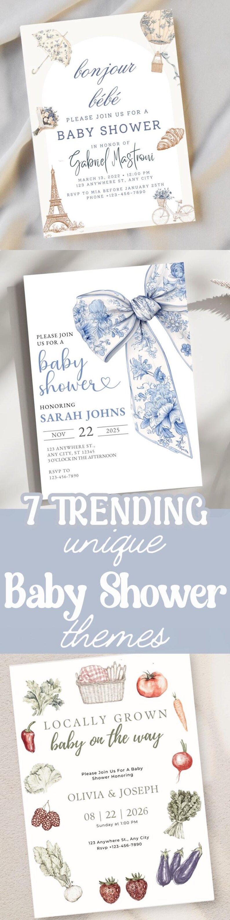 This blue bow baby shower invite is a downloadable design perfect for a baby boy shower. This online invitation features a toile de Jouy coquette ribbon in pale blue, making it an elegant baby sprinkle e-invite.
