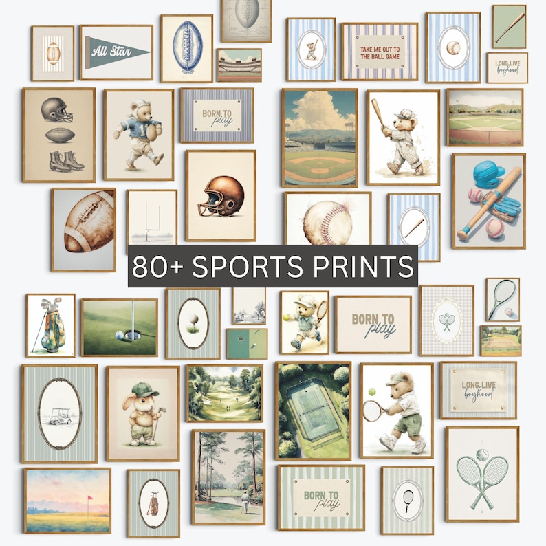 May include: A collection of framed sports prints featuring watercolor illustrations of baseball, football, golf, and tennis. The prints include images of sports equipment, teddy bears playing sports, and the text "80+ SPORTS PRINTS", "All Star", "Born to Play", and "Take Me Out to the Ball Game".