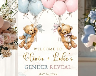Tabliczka z informacją o płci dziecka, powitanie, dekoracja na baby shower, stojak wystawowy na imprezę, miś pluszowy, różowy, niebieski, balon, szablon do druku, ciąża