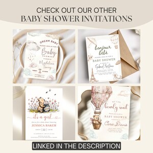 May include: A collection of baby shower invitations with various designs. One features a cloud and rain theme, another has a French theme, a third has a Winnie the Pooh theme, and the last has a hot air balloon with a teddy bear. Text includes "Baby Shower Invitations".