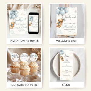 Puede incluir: Una colecci&oacute;n de art&iacute;culos de papeler&iacute;a y decoraciones para baby shower. Incluye invitaciones, invitaciones electr&oacute;nicas, un letrero de bienvenida, adornos para cupcakes y un men&uacute;. Los dise&ntilde;os presentan un osito de peluche, globos azules y el texto "We Can Bearly Wait".