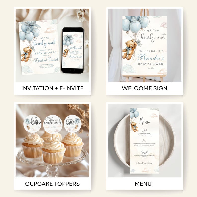 Puede incluir: Una colecci&oacute;n de art&iacute;culos de papeler&iacute;a y decoraciones para baby shower. Incluye invitaciones, invitaciones electr&oacute;nicas, un letrero de bienvenida, adornos para cupcakes y un men&uacute;. Los dise&ntilde;os presentan un osito de peluche, globos azules y el texto "We Can Bearly Wait".