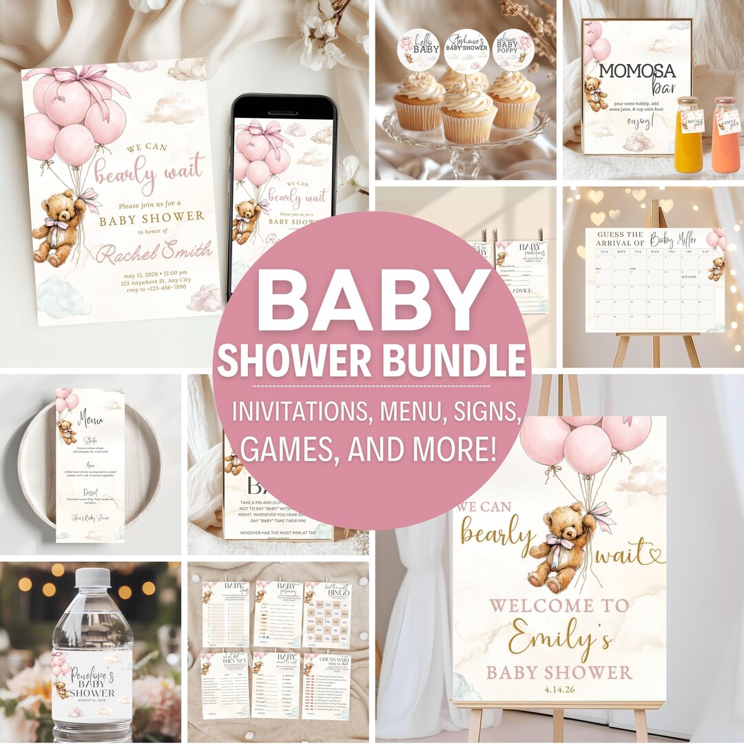 Pink Baby Shower Editable Bundle Bear Themed Baby Girl Invite Set Blush ...