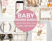 Pink Baby Shower Editable Bundle Bear Themed Baby Girl Invite Set Blush Game Pack Teddy Welcome Sign Template Bearly Can Wait Balloon Canva