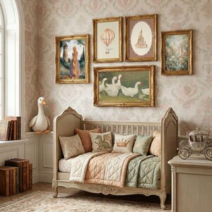 Little girl room decor with a vintage castle painting and unicorn artwork styled as a dreamy gallery wall download set