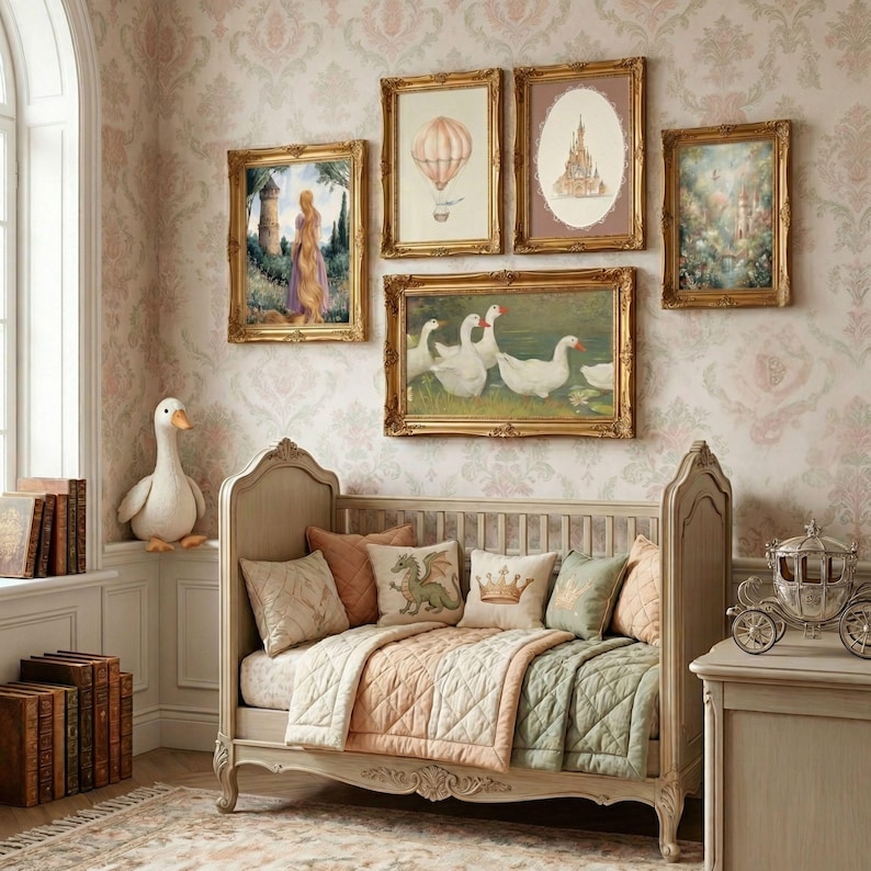 Little girl room decor with a vintage castle painting and unicorn artwork styled as a dreamy gallery wall download set