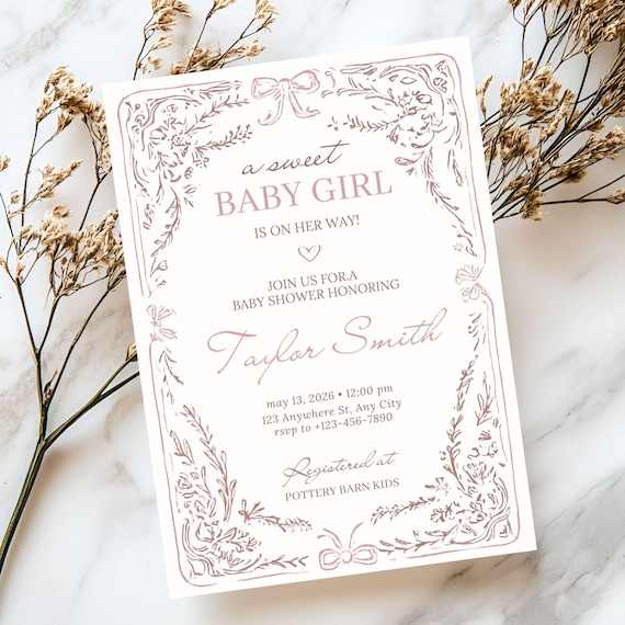 Vintage Baby Shower Invitation Girl Printable Blush Pink Floral Design Invite Instant Download Canva Chinoiserie Theme Tea Garden Party Edit