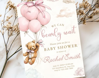 Baby Girl Shower Invitation Template We Can Bearly Wait Invite Editable Boho Bear Baby Shower Pink Balloon Teddy Bear Theme Canva Download