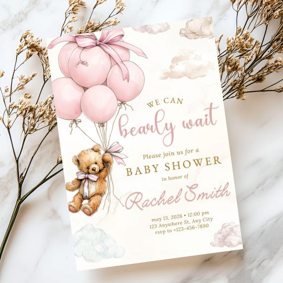 Baby Girl Shower Invitation Template We Can Bearly Wait Invite Editable Boho Bear Baby Shower Pink Balloon Teddy Bear Theme Canva Download