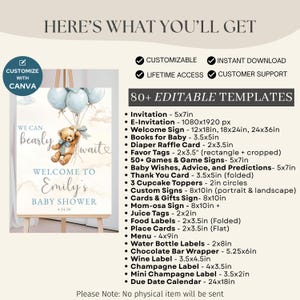 May include: A baby shower sign with a watercolor design. The sign features a teddy bear holding balloons and the text "We can bearly wait" and "Welcome to Brooke's Baby Shower". The sign also lists 80+ editable templates.