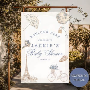Placa decorativa para chá de bebê Paris Torre Eiffel Azul Placa personalizada para chá de bebê Bem-vindo ao bebê Bistrô francês Placa impressa para parede