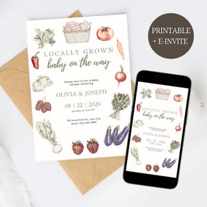 Invitación para baby shower de cultivo local Descargable Tema de baby shower de huerto de verduras Acuarela neutra Plantilla de tarjeta imprimible con frutas de cosecha propia PDF