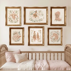 Vintage cowgirl print collage with blush boho decor elements and rustic western charm.