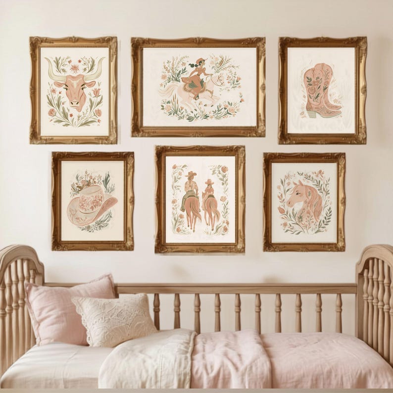 Vintage cowgirl print collage with blush boho decor elements and rustic western charm.