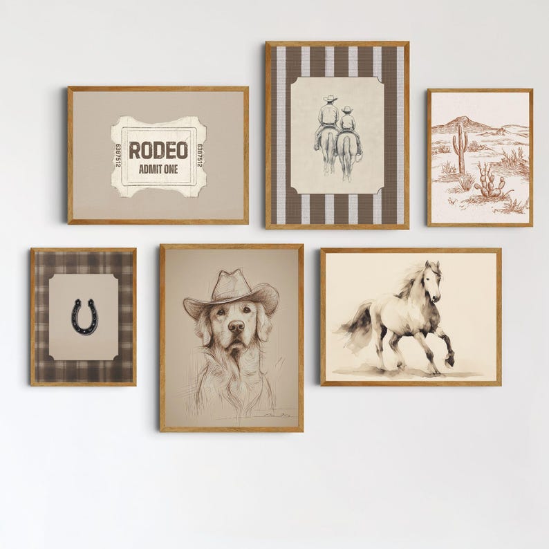 Boy nursery decor set featuring blue cowboy wall art in a calm vintage ranch-inspired bedroom.