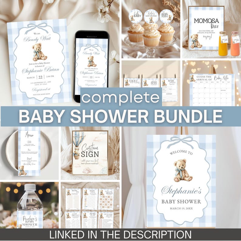Custom Poster Dusty Blue Gingham Boy Shower Board Editable Cute Teddy Entryway Decor Coed Party