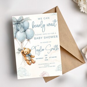 Editable Invitation Edit Pale Blue Balloons Teddy Bear Theme Boy Shower Invite