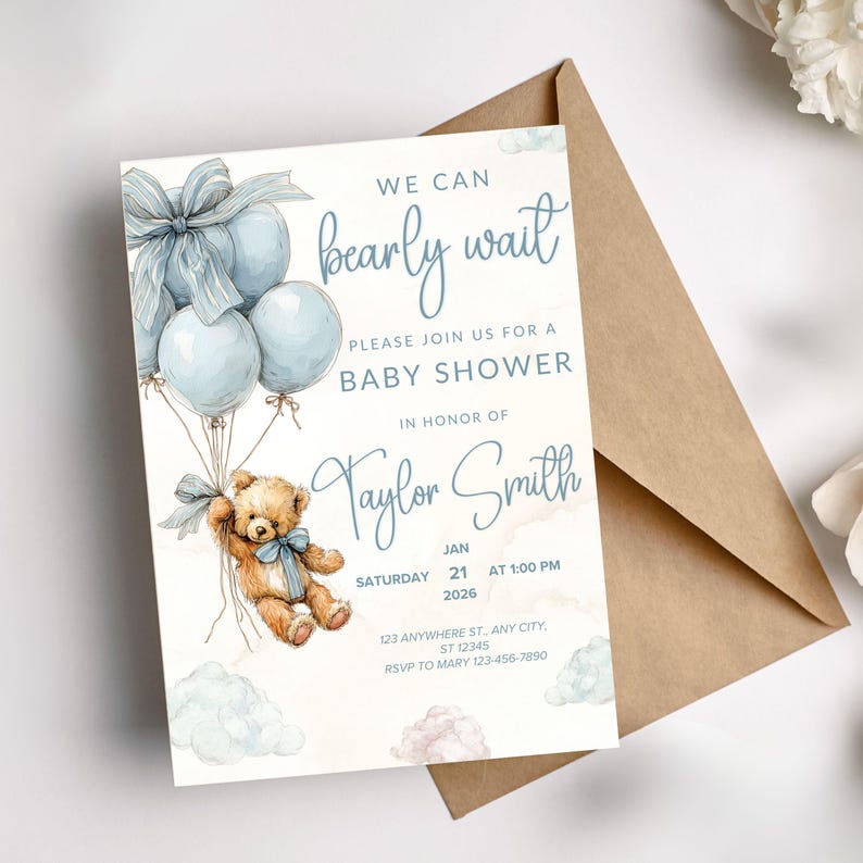 Editable Invitation Edit Pale Blue Balloons Teddy Bear Theme Boy Shower Invite