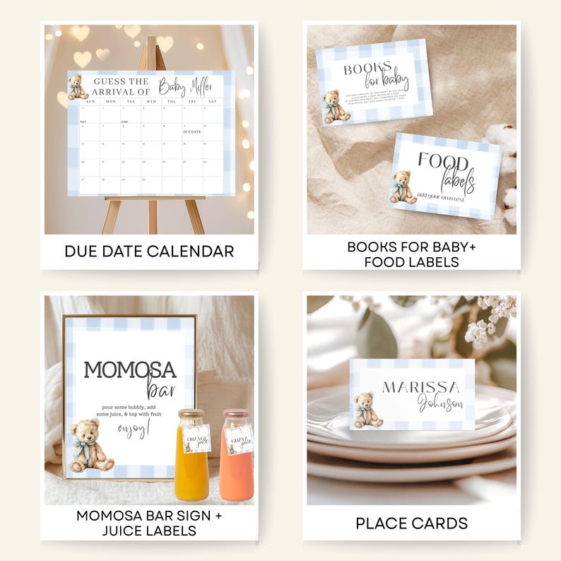 Teddy Bear Theme Blue Baby Shower Digital Invitation Bundle Printable Party Collection Gingham Pattern Boy Celebration Set Complete Planning Kit Game Templates Cupcake Toppers Menu Cards Prediction Activities Bearly Wait Design Instant