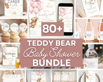 Girl Baby Shower Bundle Download We Can Bearly Wait Invitation Bundle Teddy Bear Pink Balloon Theme Game Set Printable Evite Boho Decor Pack