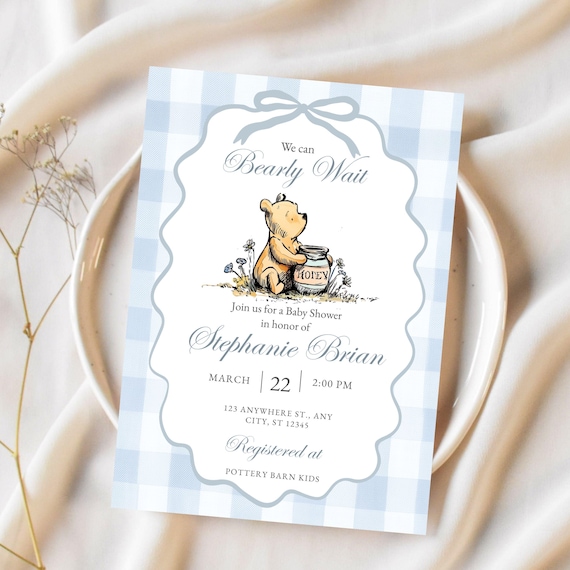 Boy Winnie Pooh Baby Shower Invitation Printable Classic Pooh Bear Invite Template Blue Gingham Downloadable Card Plaid Party Edit Online