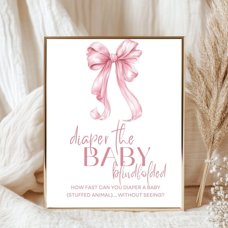 Minimalist Girl Baby Shower Game Bundle Printable Pink Bow Trivia Set with Blush Ribbon Party Bingo Collection, instant download pack