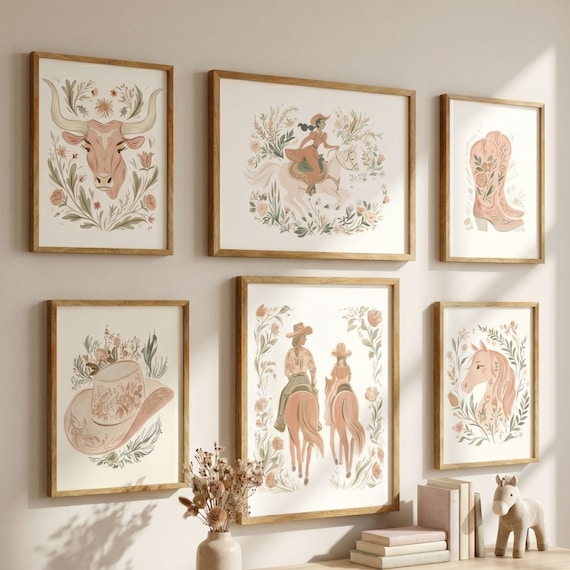 Vintage Western Cowgirl Wall Art Rustic Girl Playroom Print Collage Pink Horse Longhorn Artwork Digital Download Blush Boho Decor Southwest