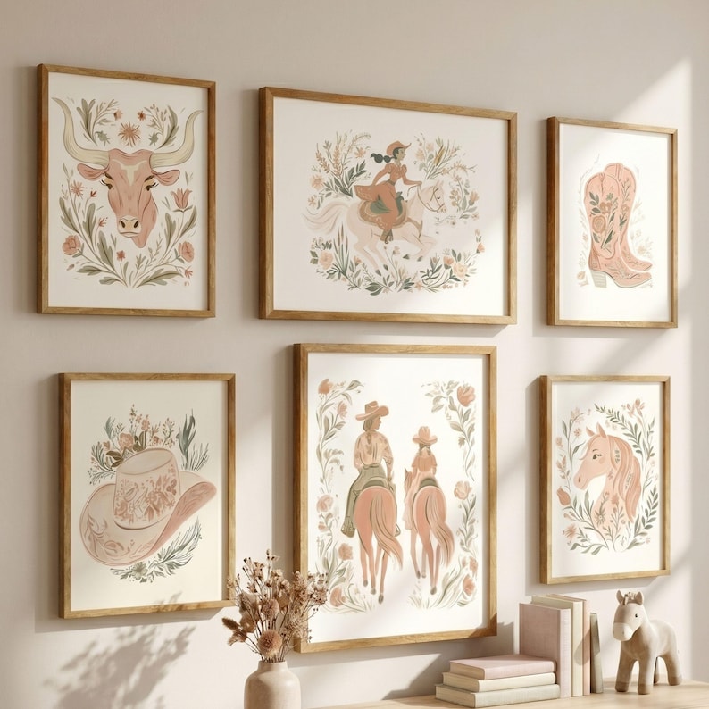 Vintage western cowgirl wall art digital download styled as a pink rustic girl playroom gallery collage.