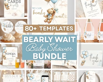 Baby Shower Bundle Template Teddy Bear Invitation Set Digital Download Blue Brown Balloon Decor Boy Theme Canva Editable Bearly Can Wait DIY