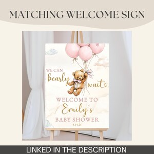 Baby Girl Shower Invitation Template We Can Bearly Wait Invite Editable Boho Bear Baby Shower Pink Balloon Teddy Bear Theme Canva Download image 11