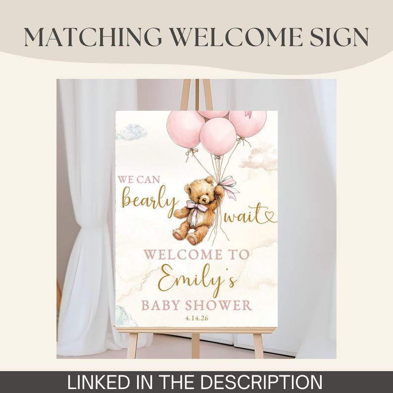Baby Girl Shower Invitation Template We Can Bearly Wait Invite Editable Boho Bear Baby Shower Pink Balloon Teddy Bear Theme Canva Download image 11