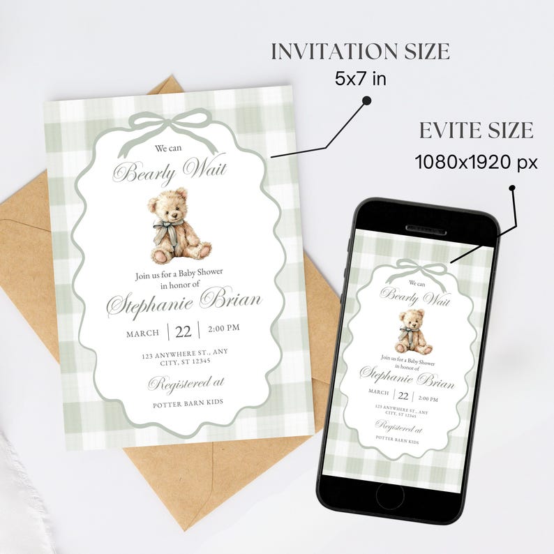 Sage Green Gingham Gender Neutral Shower Invitation Editable Plaid Bear Baby Brunch Boy