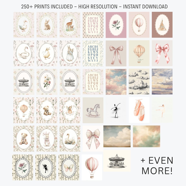 May include: A collection of watercolor prints featuring various illustrations, including animals, hot air balloons, bows, and a carousel. The prints have a soft, pastel color palette and include the text "250+ PRINTS INCLUDED - HIGH RESOLUTION - INSTANT DOWNLOAD".
