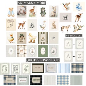 May include: A collection of watercolor illustrations and patterns. The image includes animal portraits, such as a bear, deer, and rabbit, along with patterned backgrounds and framed alphabet letters. Text includes "ANIMALS + MORE", "A-Z INCLUDED", and "QUOTES + PATTERNS".