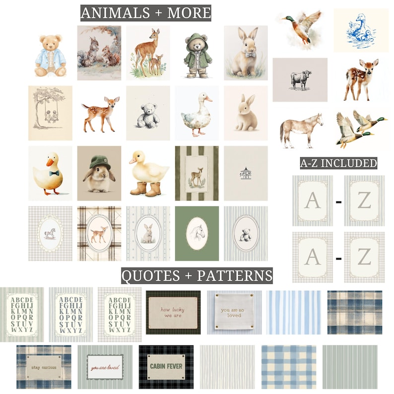 May include: A collection of watercolor illustrations and patterns. The image includes animal portraits, such as a bear, deer, and rabbit, along with patterned backgrounds and framed alphabet letters. Text includes "ANIMALS + MORE", "A-Z INCLUDED", and "QUOTES + PATTERNS".