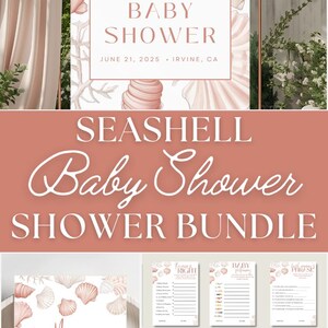This seashell baby shower editable bundle download is perfect for a pink baby girl shower or a neutral beach boho theme. The baby sprinkle invitation template and game bundle are fully editable and easy to personalize.