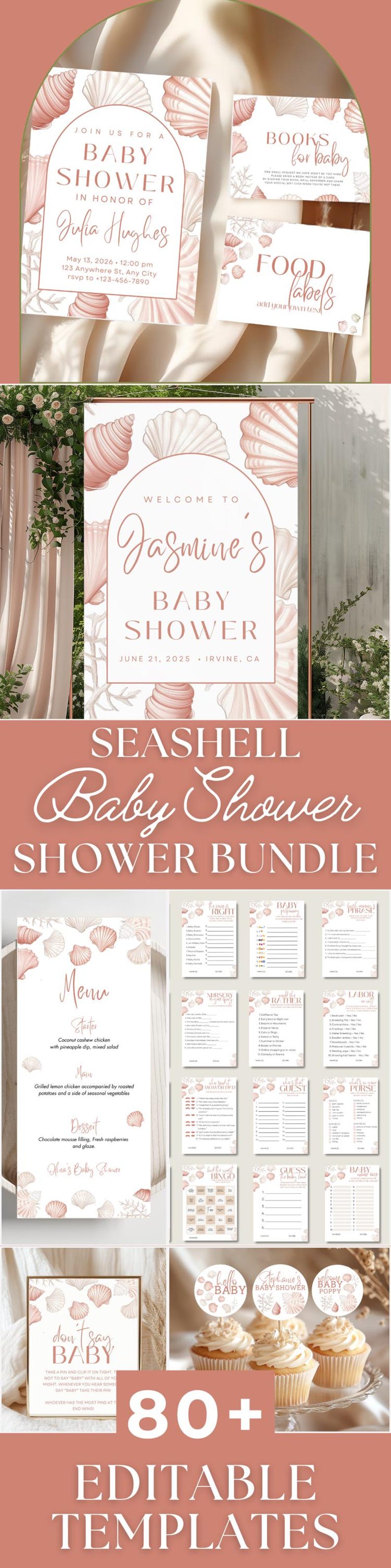This seashell baby shower editable bundle download is perfect for a pink baby girl shower or a neutral beach boho theme. The baby sprinkle invitation template and game bundle are fully editable and easy to personalize.